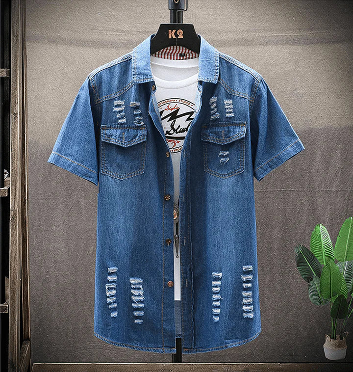 Summer New Short-sleeved Denim Shirt Men Slim Korean Shirt Youth Denim Jacket - melvincucci