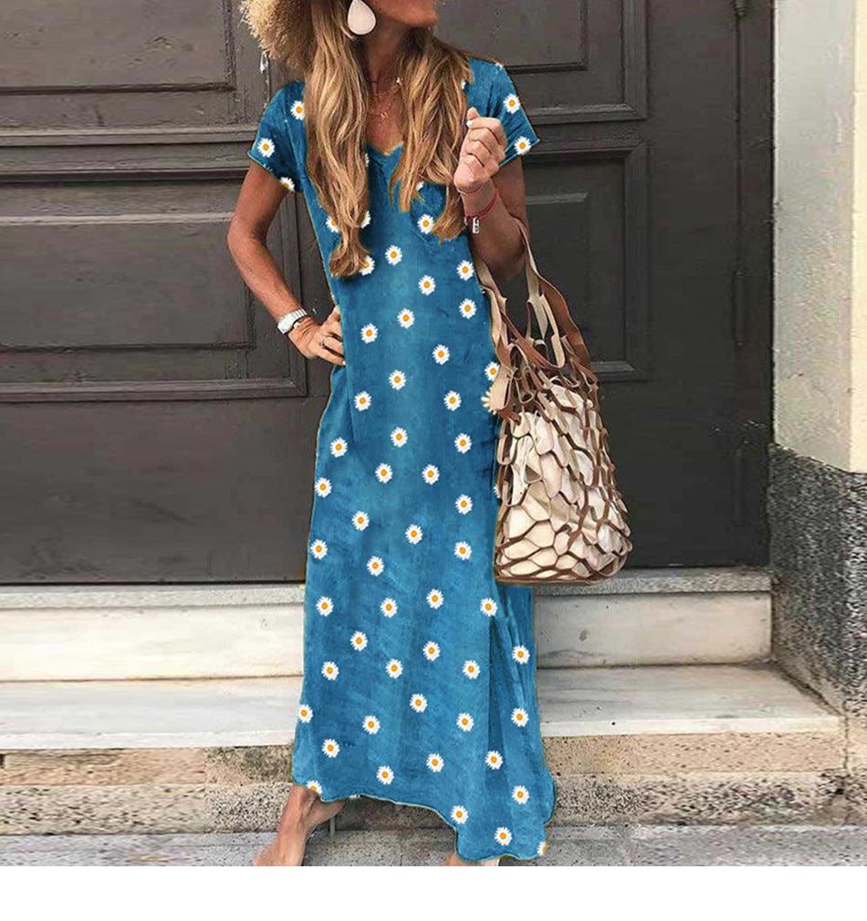 Summer New Small Daisy Print V-neck Short-sleeved Dress - melvincucci
