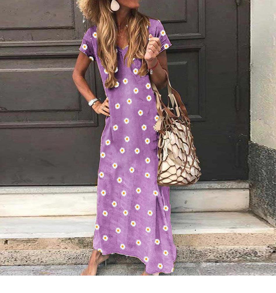 Summer New Small Daisy Print V-neck Short-sleeved Dress - melvincucci