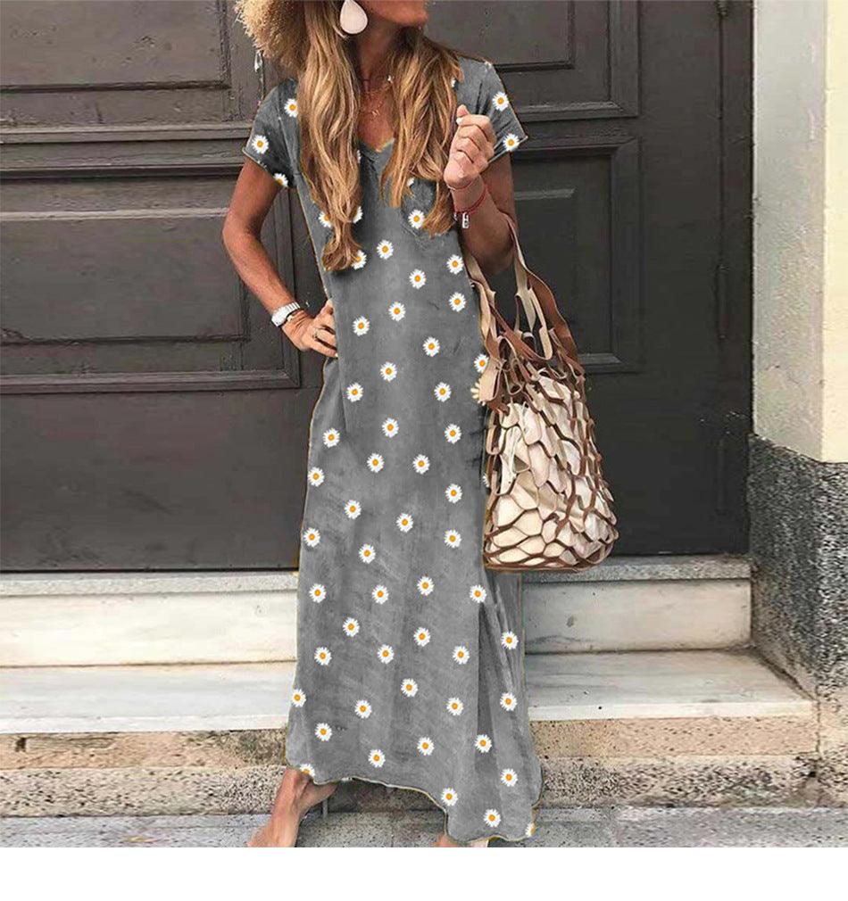 Summer New Small Daisy Print V-neck Short-sleeved Dress - melvincucci