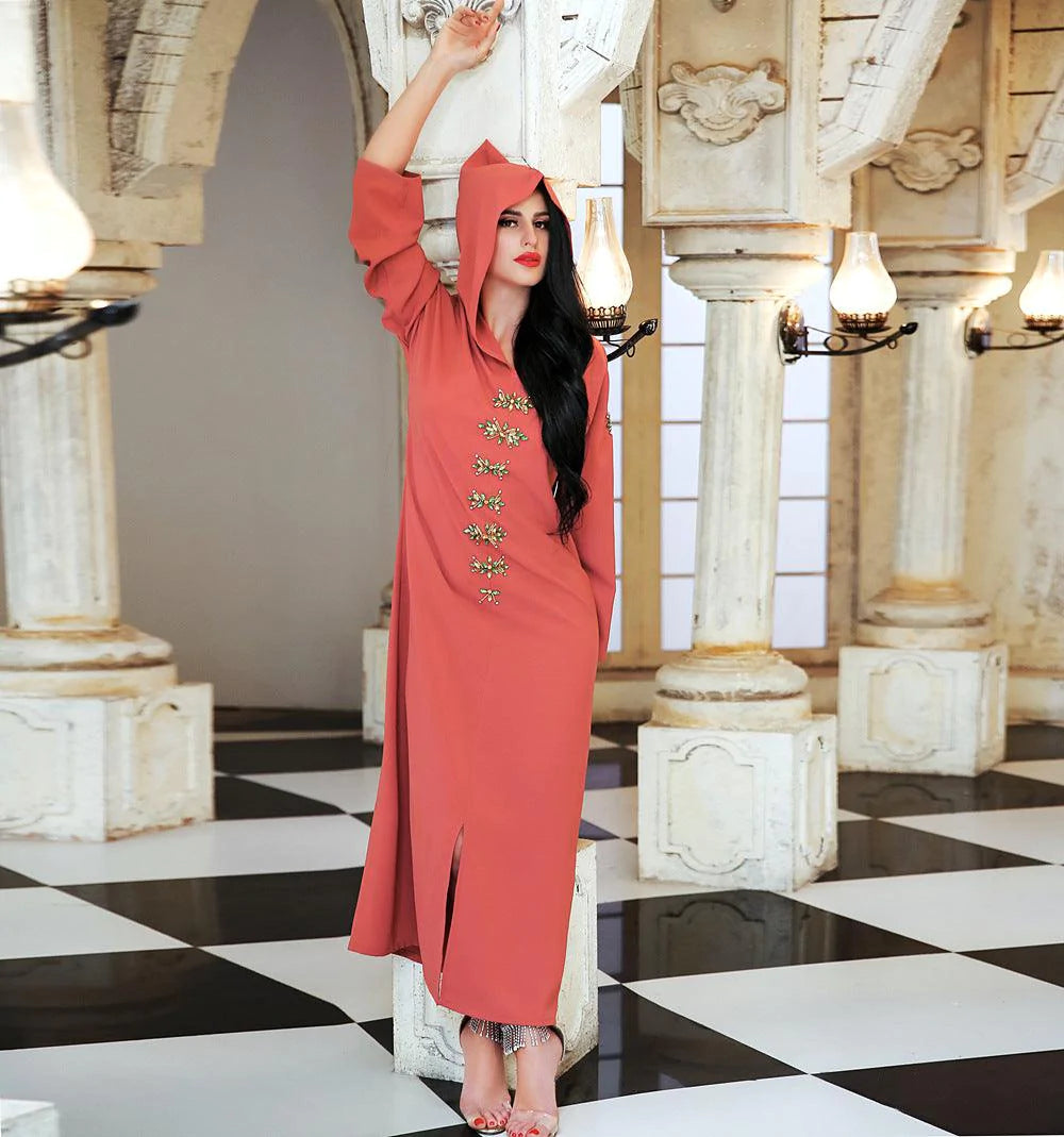 Sunset Red Handmade Diamond Hooded Robe ABAYA Muslim Middle East - melvincucci