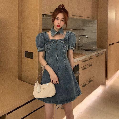 Temperament All-Match Puff Sleeve Denim Dress Women - melvincucci