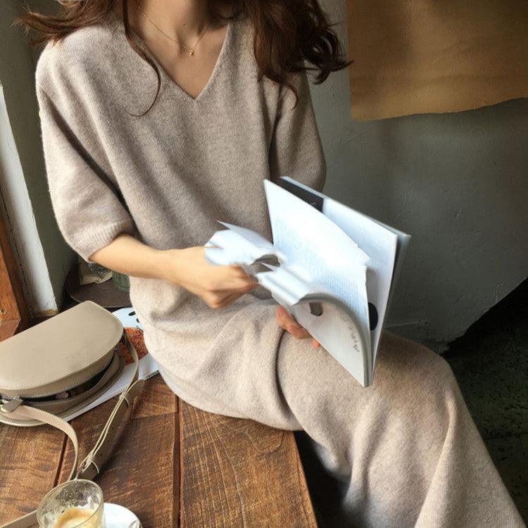 Temperament V-neck cashmere knitted dress - melvincucci