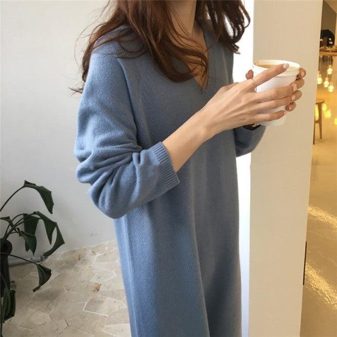Temperament V-neck cashmere knitted dress - melvincucci