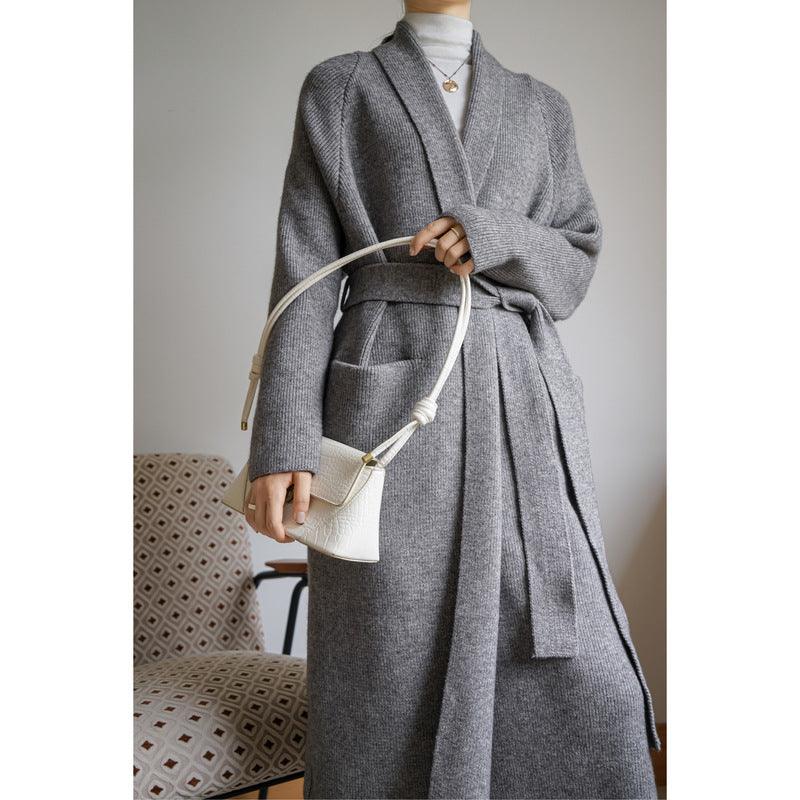 Thicken Bathrobe Belt Alpaca Wool Loose Big Sweater Knitted Cardigan Mid-length Coat Women - melvincucci