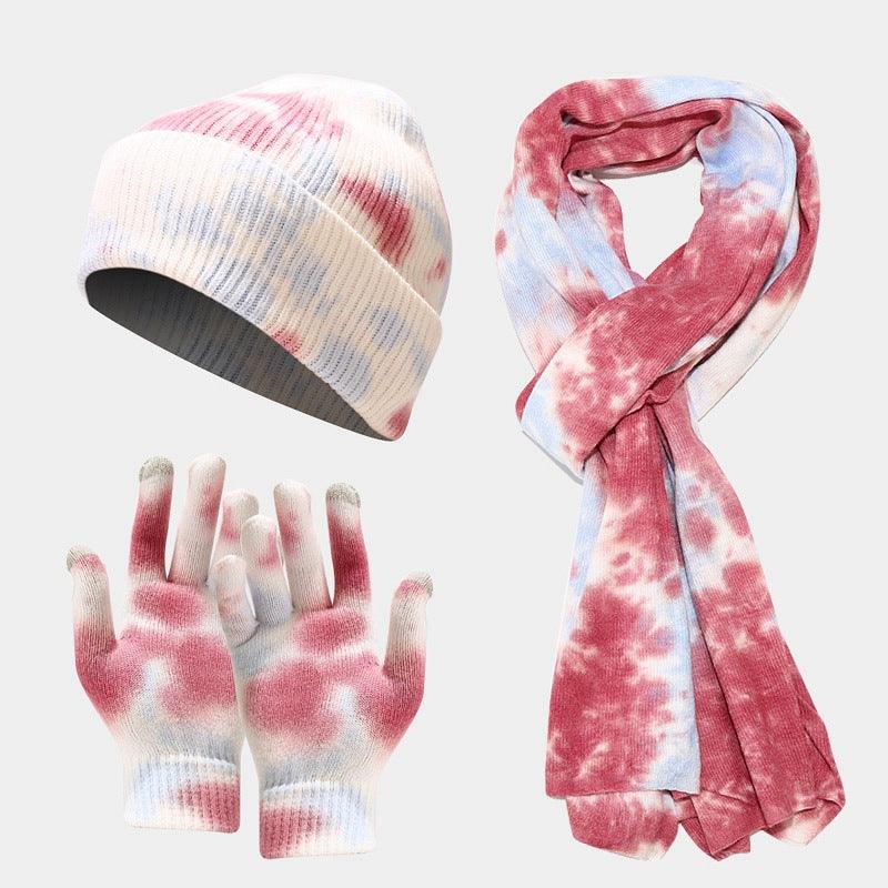 Tie-dye Knitted Hat Gloves Scarf Set Ladies - melvincucci