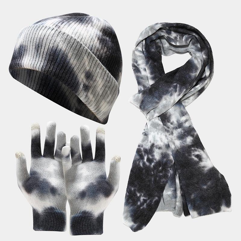 Tie-dye Knitted Hat Gloves Scarf Set Ladies - melvincucci