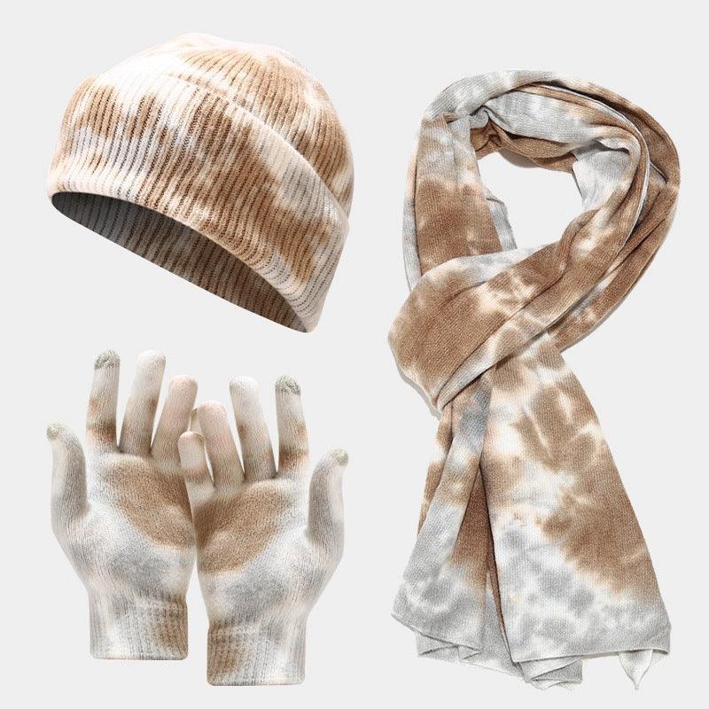Tie-dye Knitted Hat Gloves Scarf Set Ladies - melvincucci