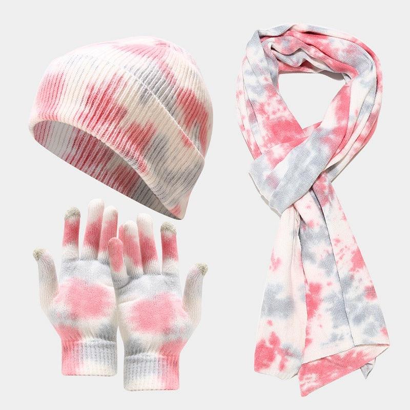 Tie-dye Knitted Hat Gloves Scarf Set Ladies - melvincucci