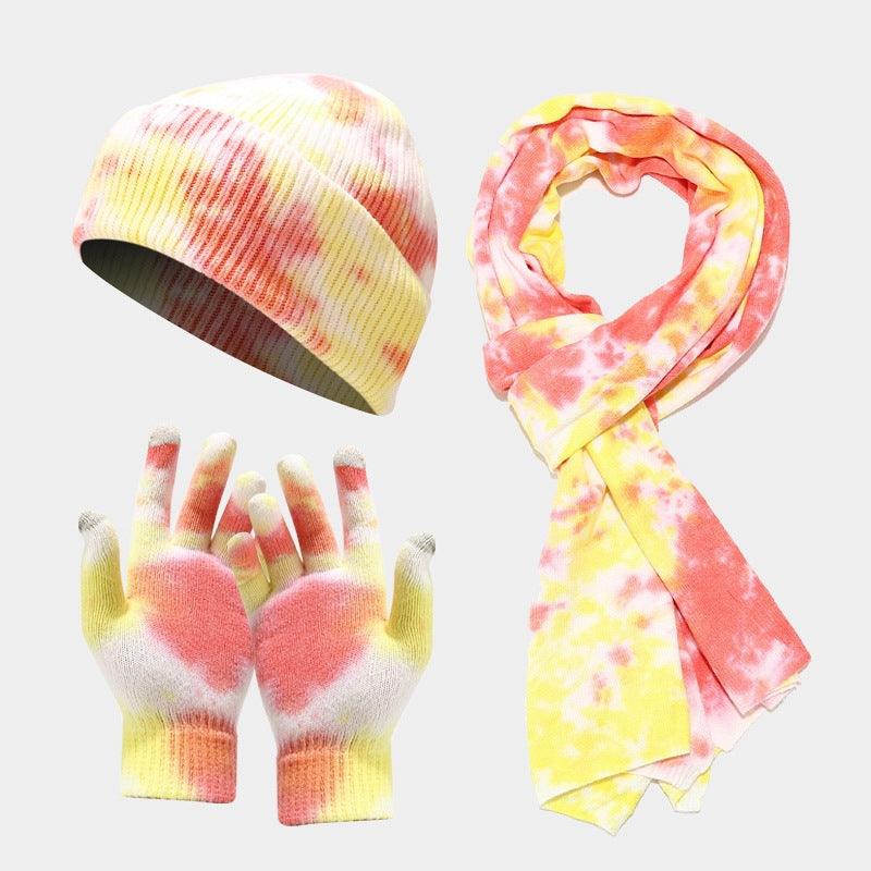 Tie-dye Knitted Hat Gloves Scarf Set Ladies - melvincucci