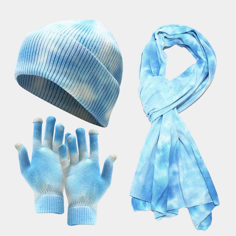 Tie-dye Knitted Hat Gloves Scarf Set Ladies - melvincucci
