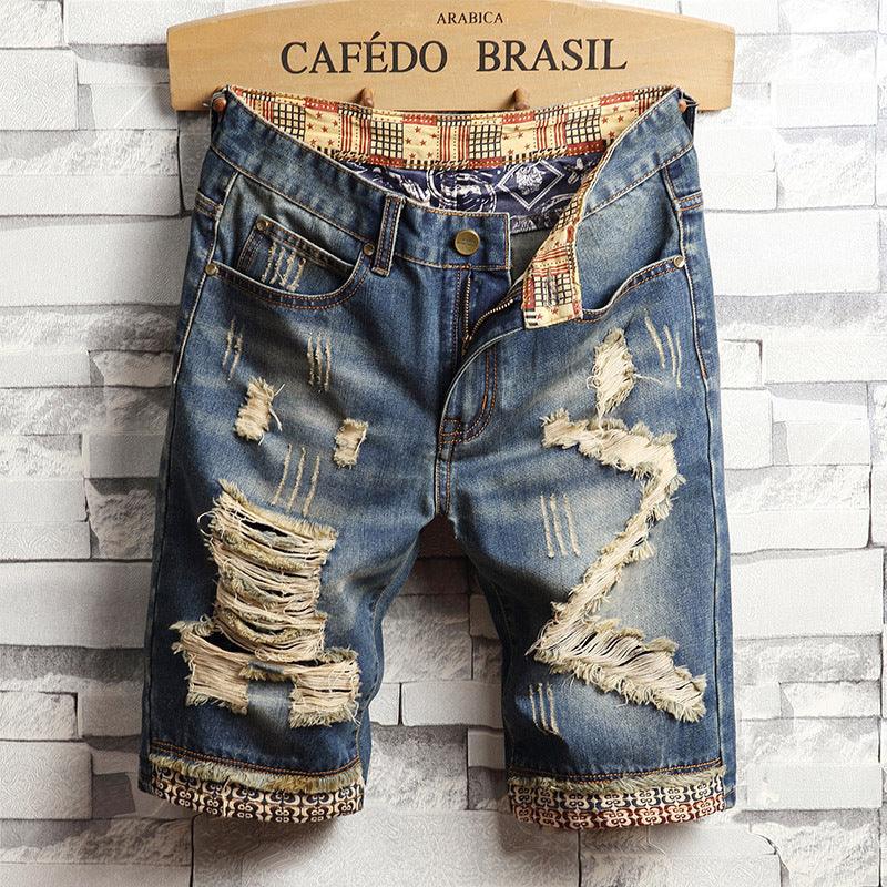 Trend big hole jeans short pants men''s summer Capris jeans pants pants beggars pants men''s Korean slim - melvincucci