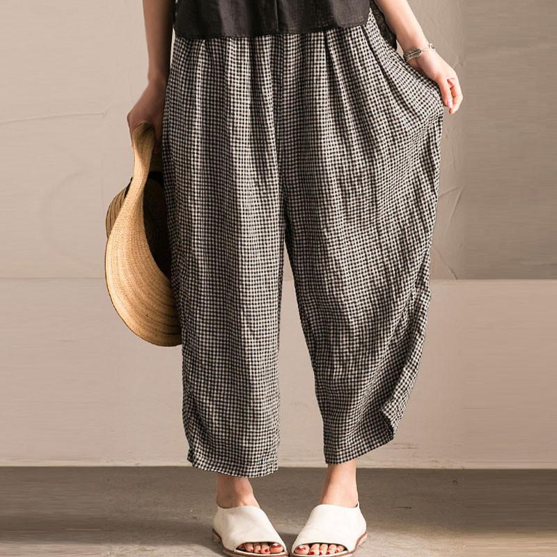Trousers Women Long Pant Vintage Women High Elastic Waist Casual Pantalon Femme Plus Size S-5XL Plaid Wide Leg Pants - melvincucci
