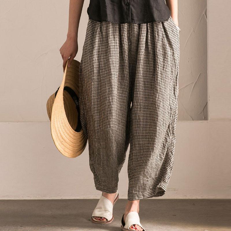 Trousers Women Long Pant Vintage Women High Elastic Waist Casual Pantalon Femme Plus Size S-5XL Plaid Wide Leg Pants - melvincucci