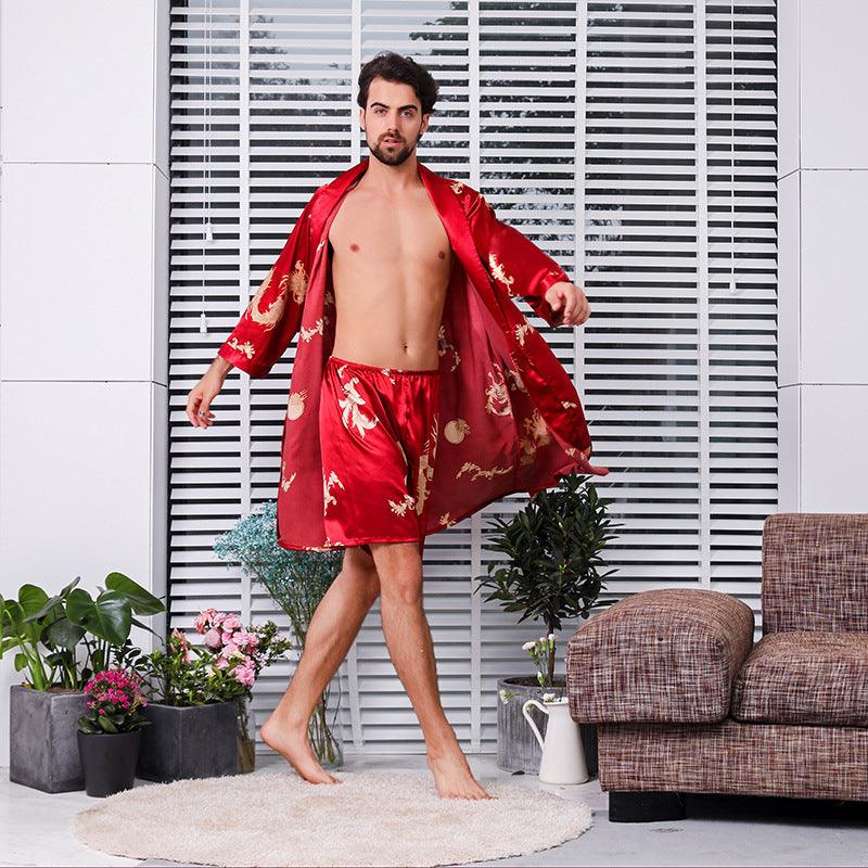 Two-piece Suit Of Dragon Pattern Bathrobe Silk Nightgown And Short Pajama Pants - melvincucci