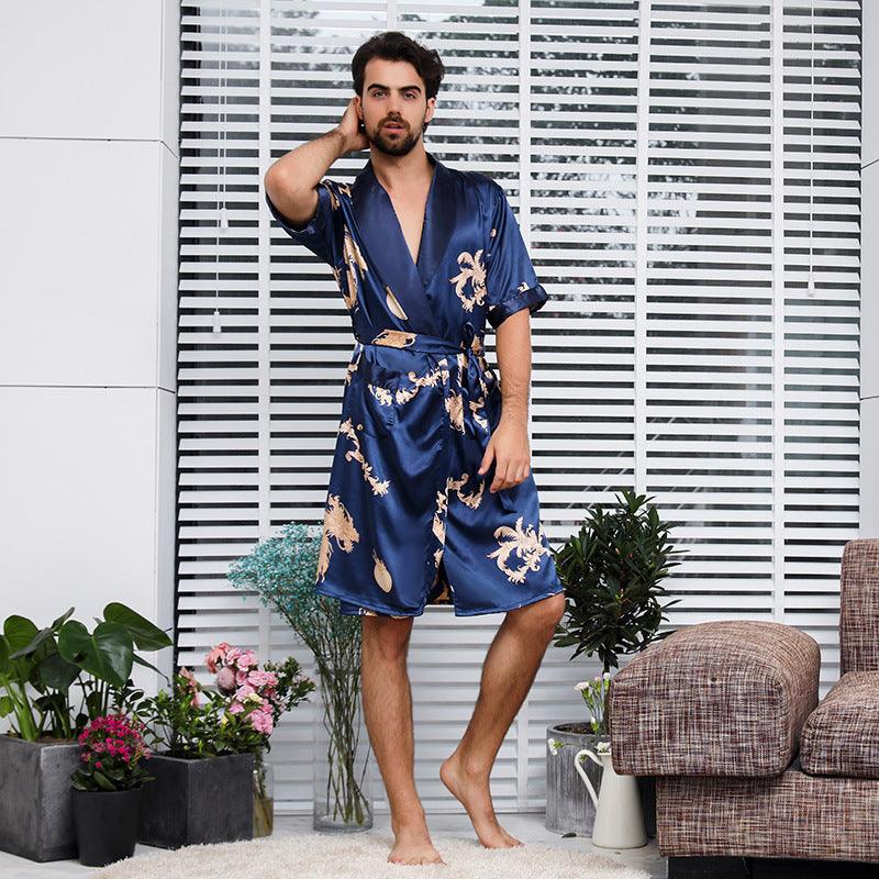 Two-piece Suit Of Dragon Pattern Bathrobe Silk Nightgown And Short Pajama Pants - melvincucci