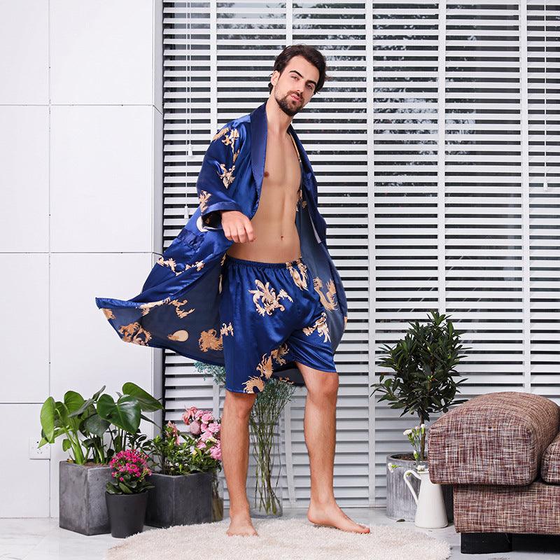 Two-piece Suit Of Dragon Pattern Bathrobe Silk Nightgown And Short Pajama Pants - melvincucci