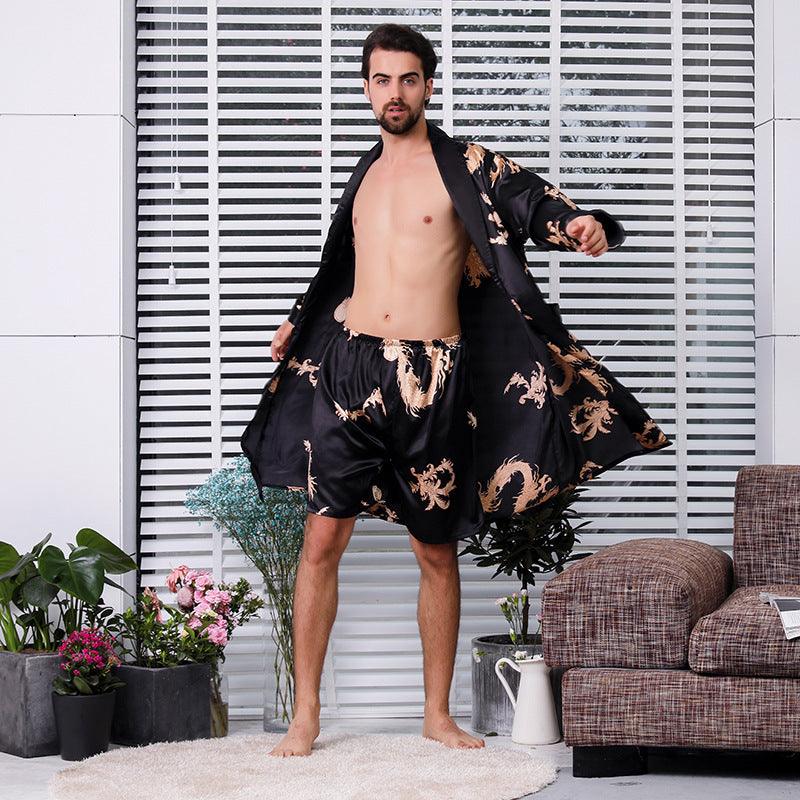 Two-piece Suit Of Dragon Pattern Bathrobe Silk Nightgown And Short Pajama Pants - melvincucci
