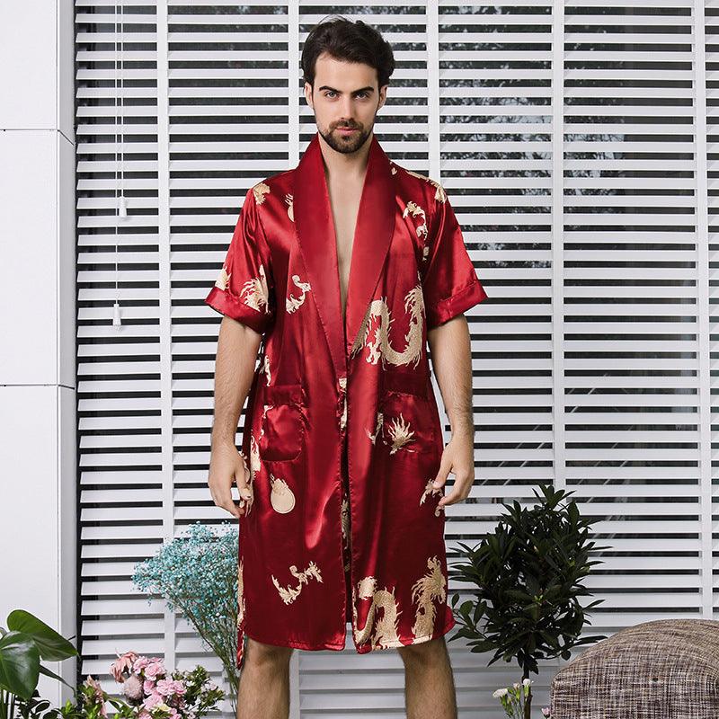 Two-piece Suit Of Dragon Pattern Bathrobe Silk Nightgown And Short Pajama Pants - melvincucci