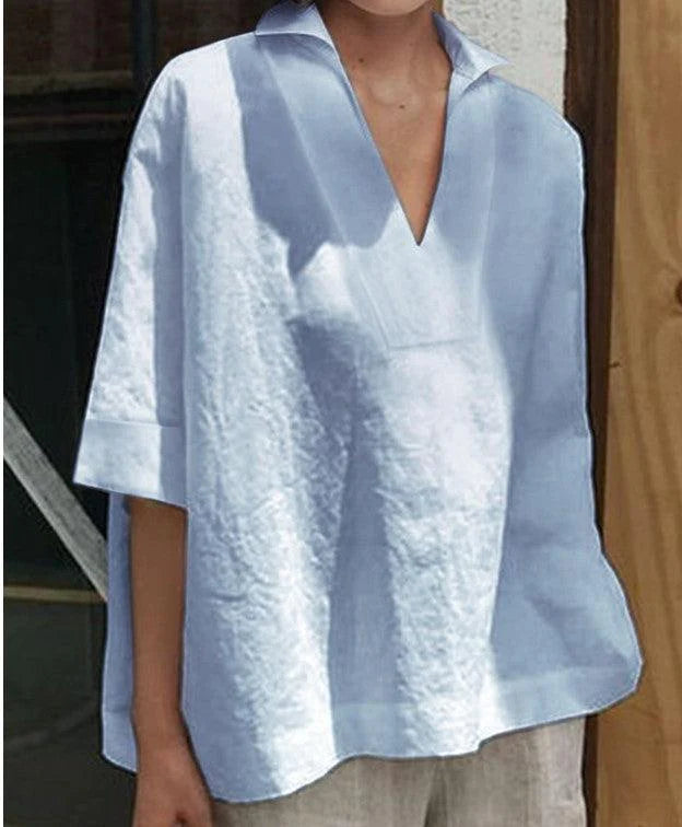V-neck cotton and linen short-sleeved blouse - melvincucci