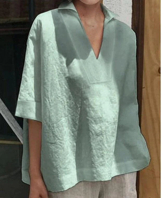 V-neck cotton and linen short-sleeved blouse - melvincucci