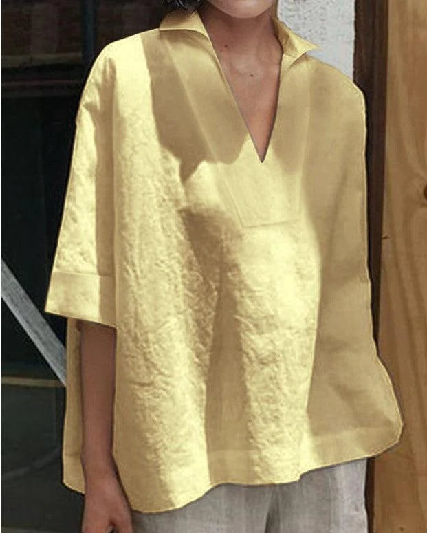 V-neck cotton and linen short-sleeved blouse - melvincucci