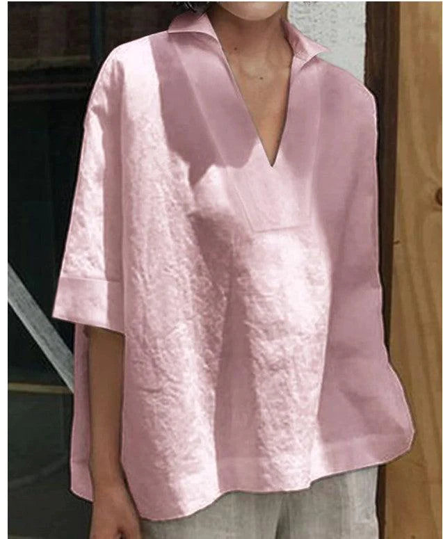 V-neck cotton and linen short-sleeved blouse - melvincucci
