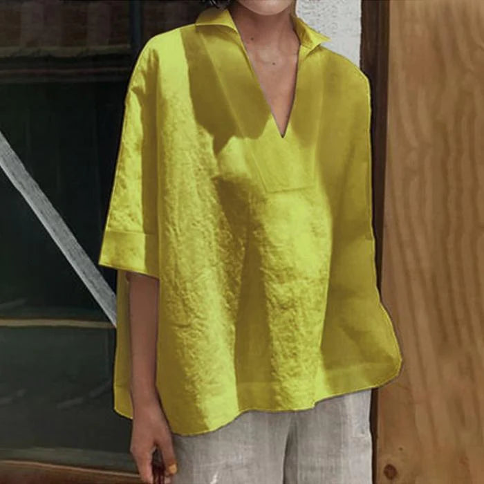 V-neck cotton and linen short-sleeved blouse - melvincucci
