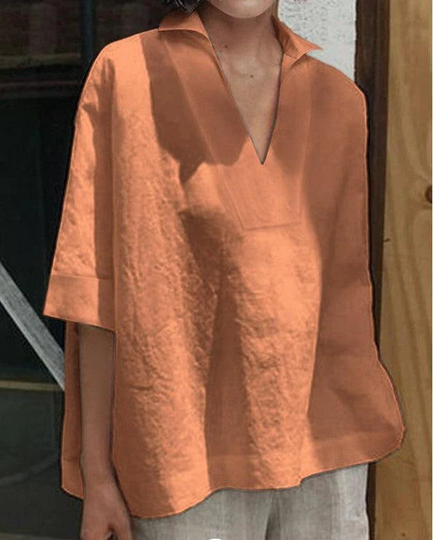V-neck cotton and linen short-sleeved blouse - melvincucci