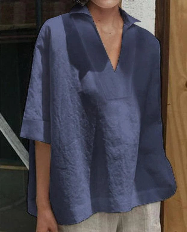 V-neck cotton and linen short-sleeved blouse - melvincucci