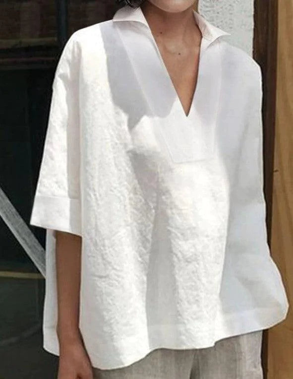 V-neck cotton and linen short-sleeved blouse - melvincucci