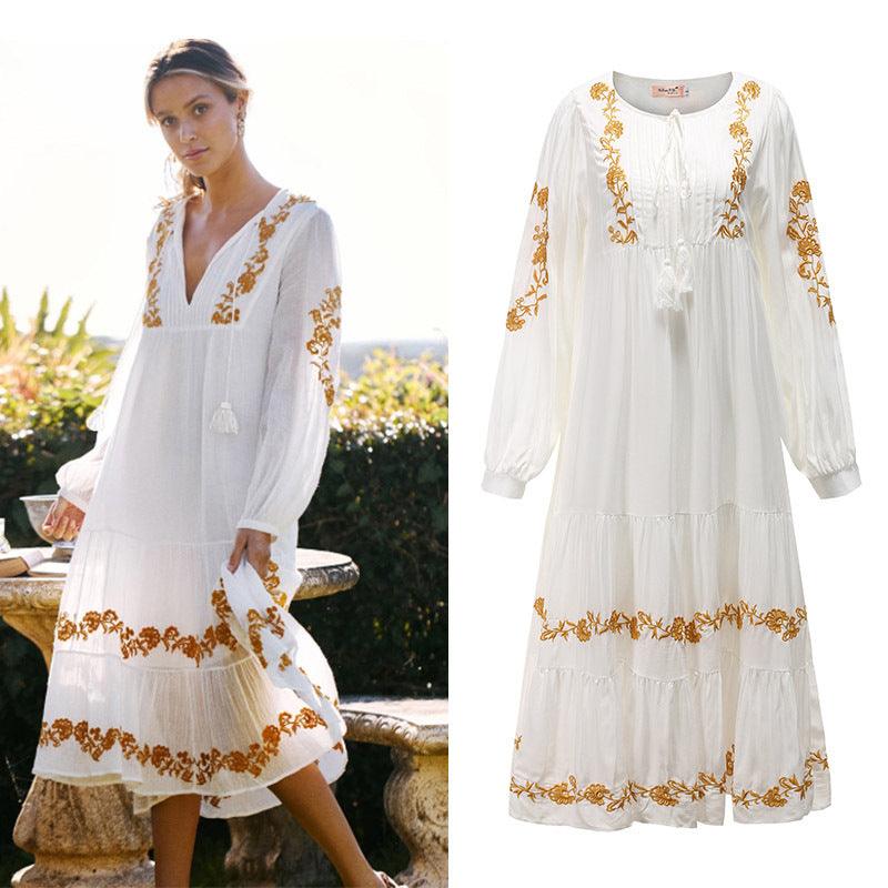 V-neck Embroidered Loose Dress Embroidered Long Skirt - melvincucci