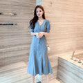 V-Neck High Waist Denim Dress Women - melvincucci