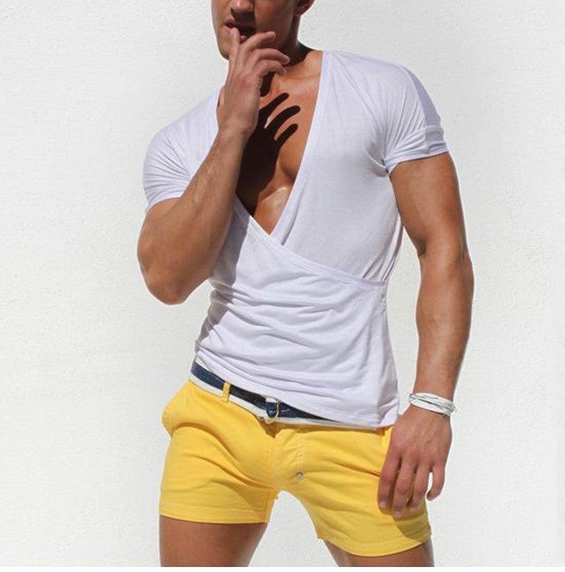 V-neck Short-sleeved Men's Knitwear Solid Color T-shirt - melvincucci