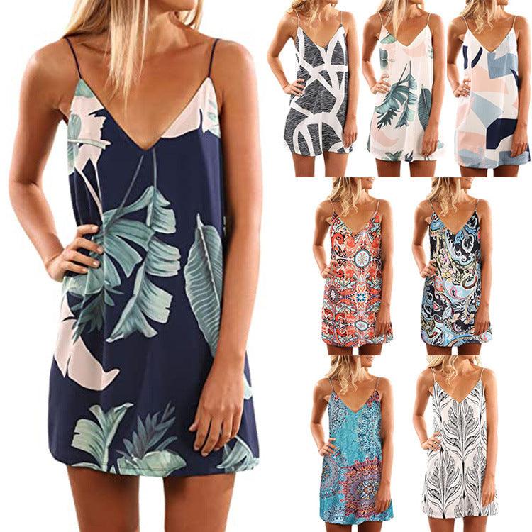 V-neck Suspender Open-back Printed Beach Boho Short Dress Beachwear - melvincucci