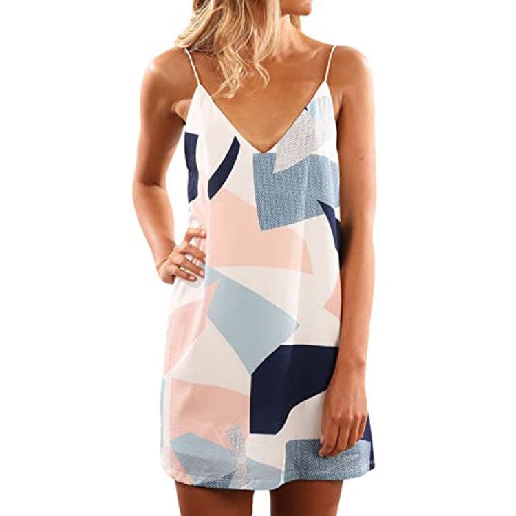 V-neck Suspender Open-back Printed Beach Boho Short Dress Beachwear - melvincucci