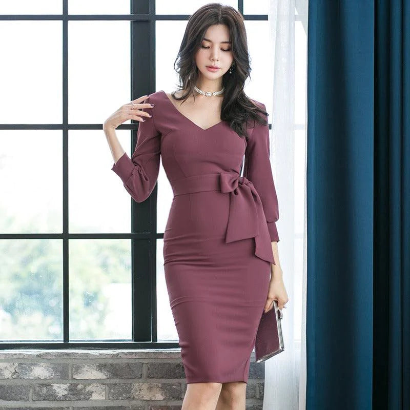 V-neck tie dress slim dress dress - melvincucci