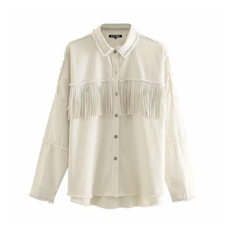 Vintage Stylish Fringe Beaded Loose Denim Jacket Coat Women - melvincucci