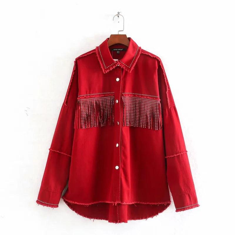 Vintage Stylish Fringe Beaded Loose Denim Jacket Coat Women - melvincucci