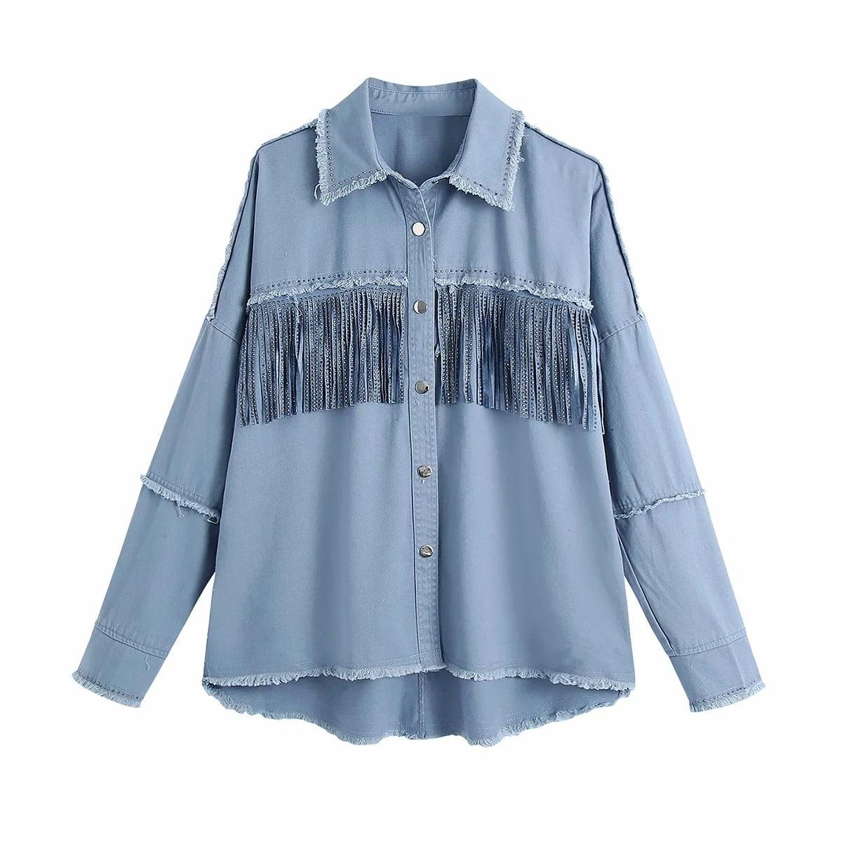 Vintage Stylish Fringe Beaded Loose Denim Jacket Coat Women - melvincucci