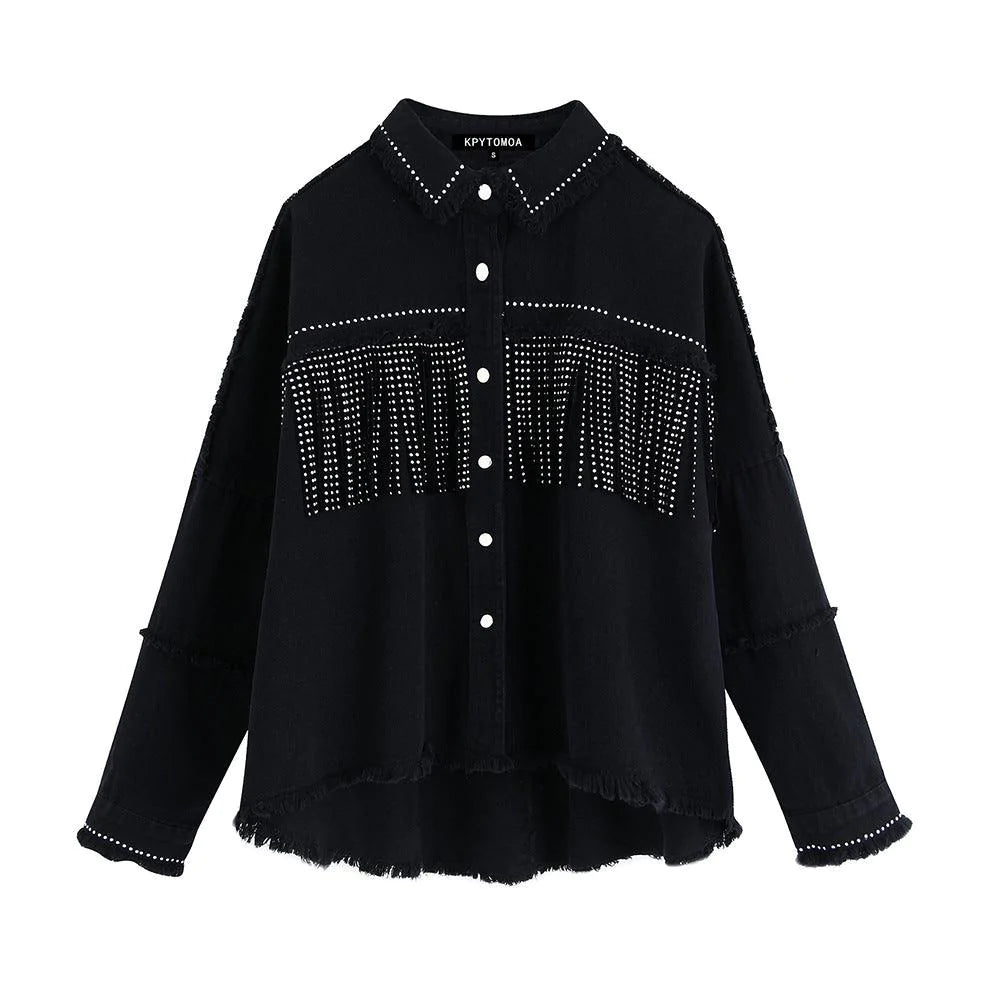 Vintage Stylish Fringe Beaded Loose Denim Jacket Coat Women - melvincucci