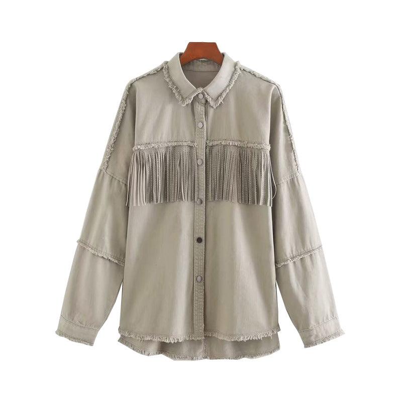 Vintage Stylish Fringe Beaded Loose Denim Jacket Coat Women - melvincucci