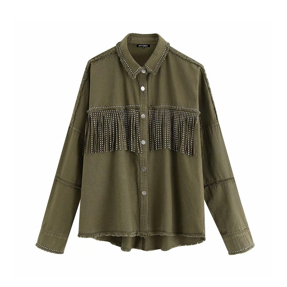 Vintage Stylish Fringe Beaded Loose Denim Jacket Coat Women - melvincucci