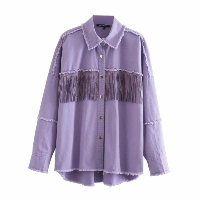 Vintage Stylish Fringe Beaded Loose Denim Jacket Coat Women - melvincucci