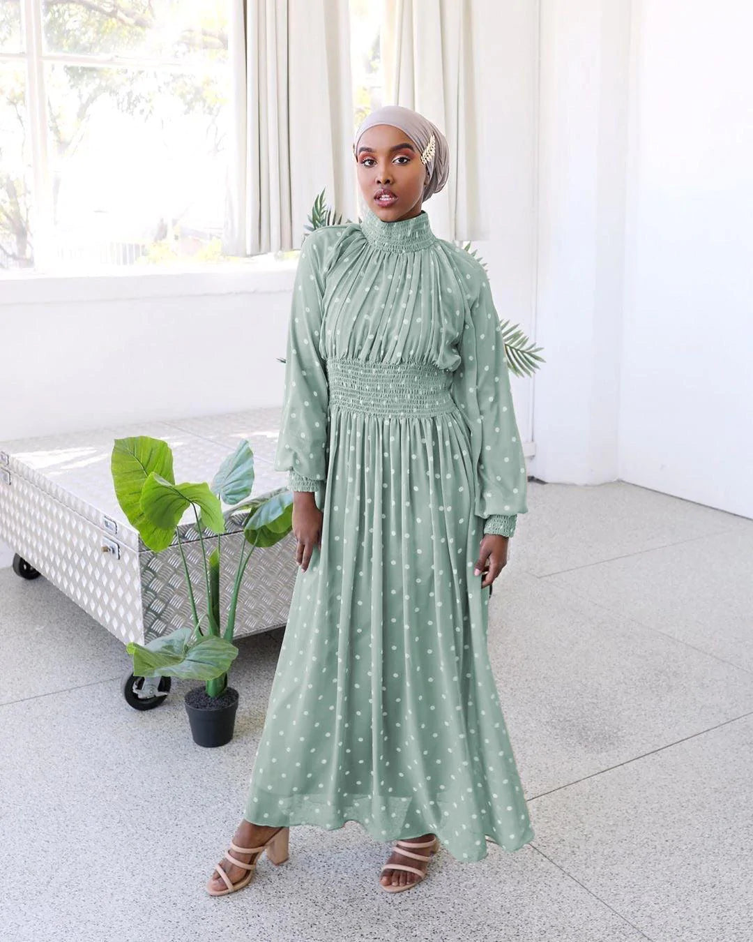 WEPBEL-Women Muslim Arabic Dress Ramadan Knit Dress High Waist Abaya Long Sleeve Slim Big Swing Islamic Party Clothing - melvincucci