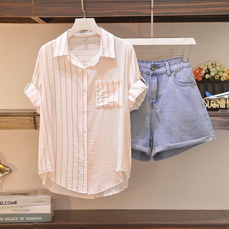 Western Style Shirt Women Cover Belly Slimming Denim Shorts Suit - melvincucci