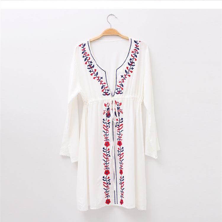 White Embroidered Long Sleeve Beachwear Cover Up Boho Dress - melvincucci