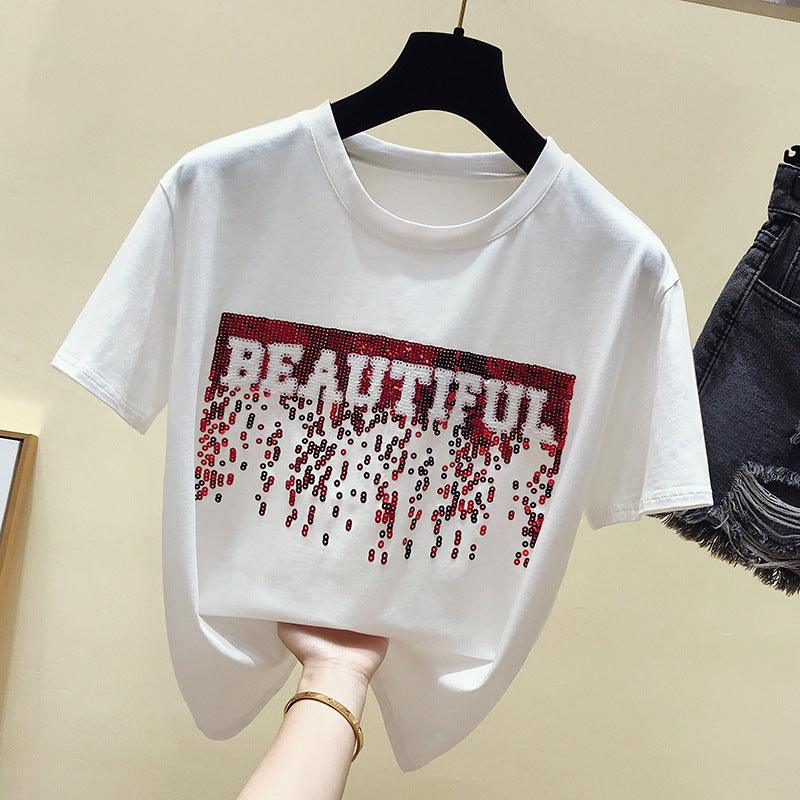 White glitter short-sleeved t-shirt women cotton top t-shirt - melvincucci