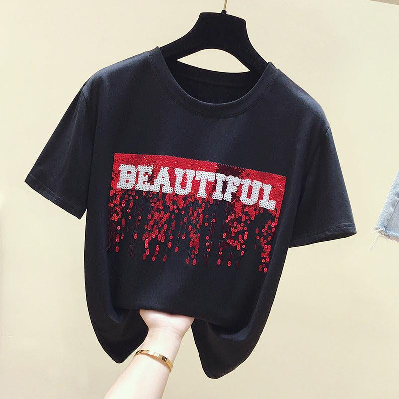 White glitter short-sleeved t-shirt women cotton top t-shirt - melvincucci
