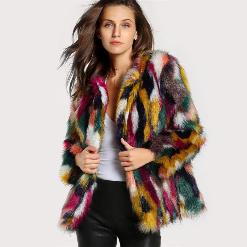 Winter Color Fur Coats Women Elegant Fur Coats Colorful Faux Fur Coat Brand Fashion Long Sleeve Collarless Casual Woman Fur Coat - melvincucci